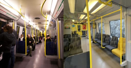 Before and after the interior of the SL C20 trains of the Stockholm metro. MALTER and OFFICIALWORKS.
